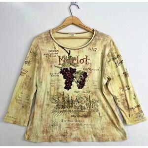 Vintage Cactus Bay Tattoo Print Womens Size XL 3/4 Sleeve Top Merlot Wine Grapes